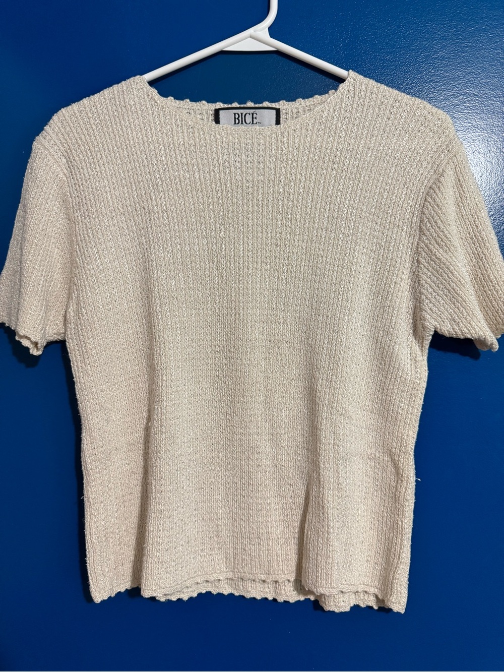 BICE Cream Textured Short-Sleeve Crew Sweater